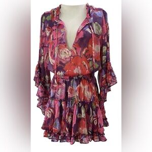 $380 MISA Los Angeles Women's Pink Floral Tassel Neck Ximena Dress Size M NWT